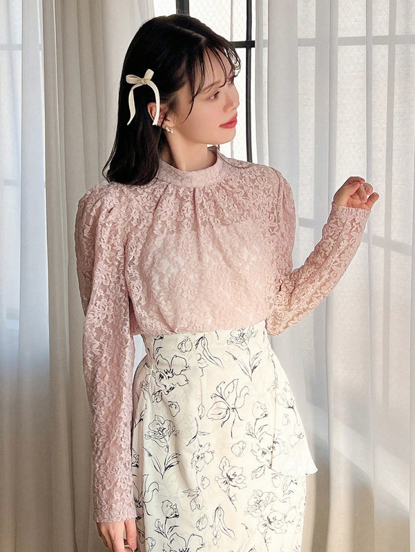 FRIFUL Camisa De Encaje De Manga Larga Con Cuello Alto Para Mujer