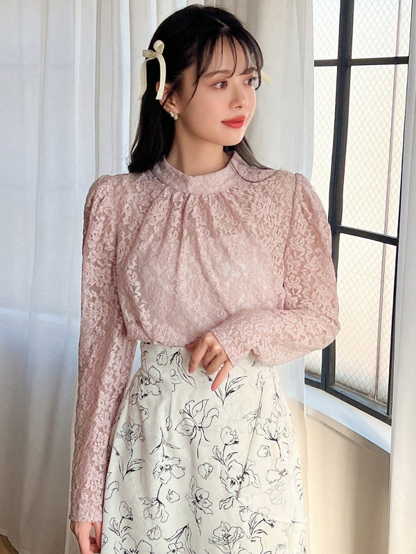 FRIFUL Camisa De Encaje De Manga Larga Con Cuello Alto Para Mujer
