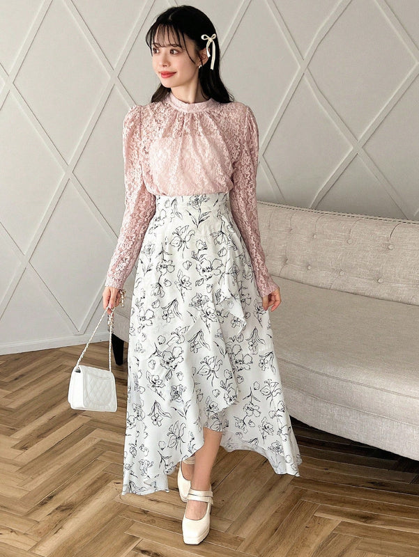 FRIFUL Camisa De Encaje De Manga Larga Con Cuello Alto Para Mujer