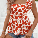 VCAY Camisa De Cuello Cuadrado Con Volantes Y Patron De Corazon Impreso Con Borde Decorativo