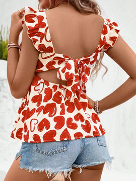 VCAY Camisa De Cuello Cuadrado Con Volantes Y Patron De Corazon Impreso Con Borde Decorativo