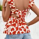 VCAY Camisa De Cuello Cuadrado Con Volantes Y Patron De Corazon Impreso Con Borde Decorativo