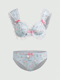 ROMWE Kawaii Juego Acolchado De Sujetador Y Bragas Adornado Con Encaje Kawaii Y Mono Con Aro