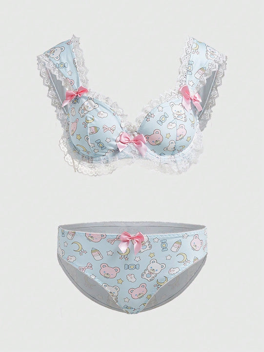 ROMWE Kawaii Juego Acolchado De Sujetador Y Bragas Adornado Con Encaje Kawaii Y Mono Con Aro