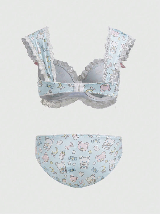 ROMWE Kawaii Juego Acolchado De Sujetador Y Bragas Adornado Con Encaje Kawaii Y Mono Con Aro