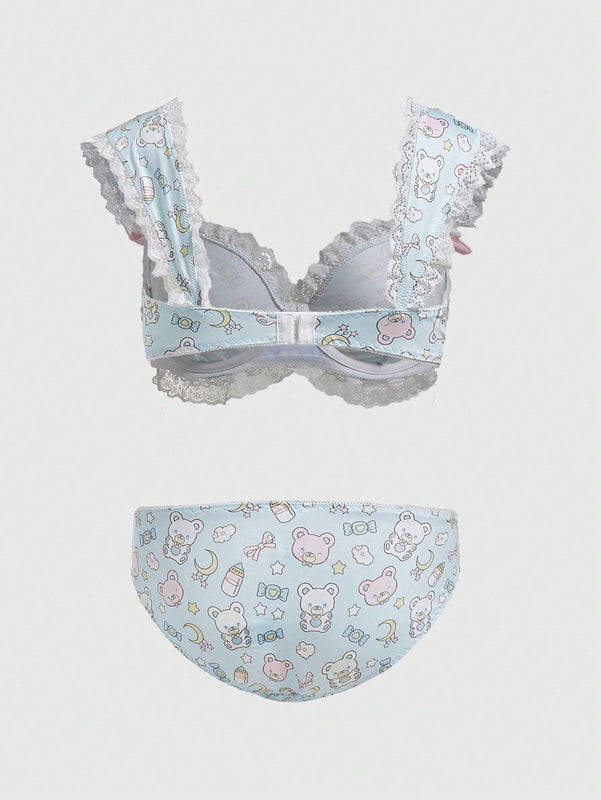 ROMWE Kawaii Juego Acolchado De Sujetador Y Bragas Adornado Con Encaje Kawaii Y Mono Con Aro