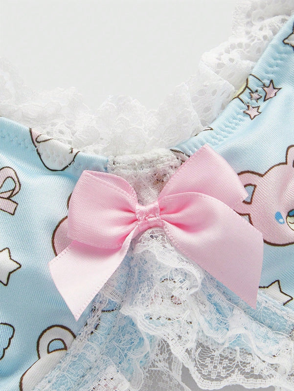 ROMWE Kawaii Juego Acolchado De Sujetador Y Bragas Adornado Con Encaje Kawaii Y Mono Con Aro