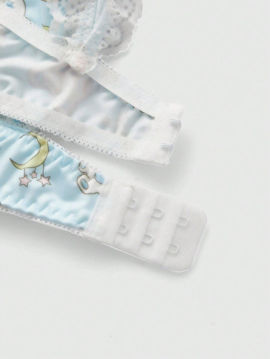 ROMWE Kawaii Juego Acolchado De Sujetador Y Bragas Adornado Con Encaje Kawaii Y Mono Con Aro