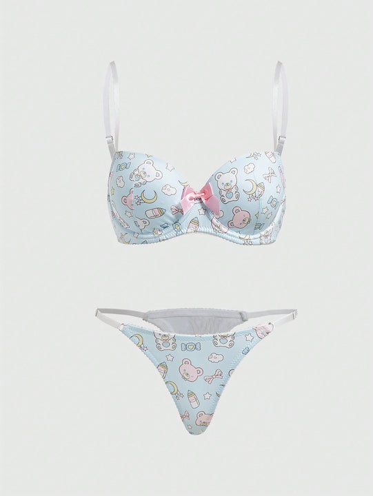 ROMWE Kawaii Conjunto De Lenceria Para Mujeres Con Diseno Encantador De Oso De Peluche Con Aros