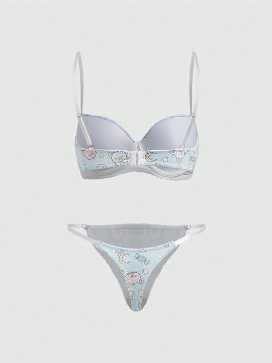 ROMWE Kawaii Conjunto De Lenceria Para Mujeres Con Diseno Encantador De Oso De Peluche Con Aros