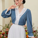 Mulvari Blusa De Manga Abullonada Y Encaje De Color Solido