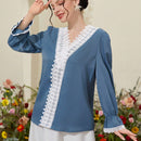 Mulvari Blusa De Manga Abullonada Y Encaje De Color Solido