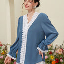 Mulvari Blusa De Manga Abullonada Y Encaje De Color Solido