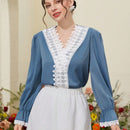 Mulvari Blusa De Manga Abullonada Y Encaje De Color Solido