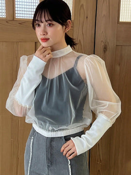 FRIFUL Blusa De Malla Transparente Con Mangas Abullonadas Y Cuello Alto Para Mujer