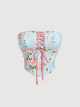 MOD Top Palabra De Honor Entrecruzado Con Estampado Floral Para Mujer