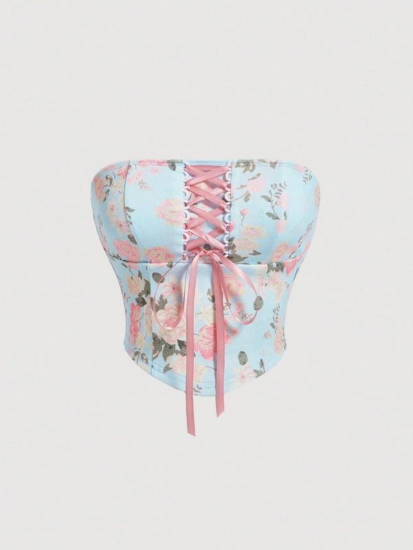 MOD Top Palabra De Honor Entrecruzado Con Estampado Floral Para Mujer