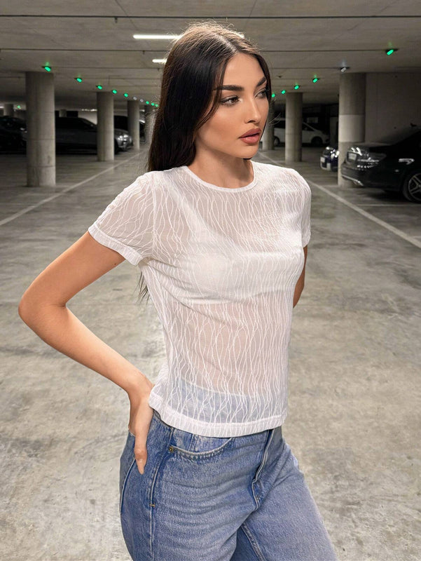 Camiseta Femenina De Punto Jacquard Ajustada Y Semi-transparente #pascua
