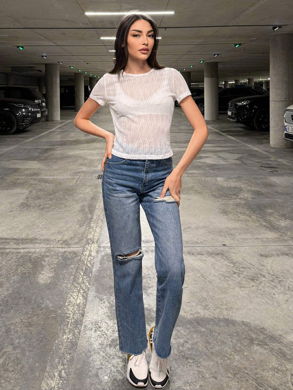 Camiseta Femenina De Punto Jacquard Ajustada Y Semi-transparente #pascua