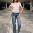 Camiseta Femenina De Punto Jacquard Ajustada Y Semi-transparente #pascua