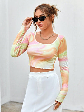 Primavera Y Verano T-shirt Casual De Mangas Largas Y Cuello Redondo, Versatil Y De a Con Diseno De Arcoiris
