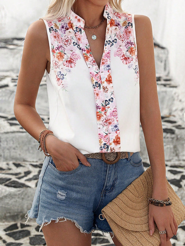VCAY Blusa Sin Mangas Con Estampado Floral Y Escote En V