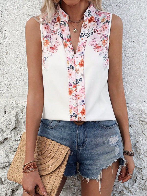 VCAY Blusa Sin Mangas Con Estampado Floral Y Escote En V