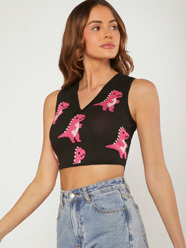 Haute Chaleco Corto Con Patron De Dinosaurios En Sueter