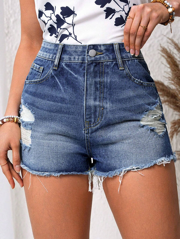 LUNE Shorts De Mezclilla Desgastados Para Mujer Con Borde Deshilachado