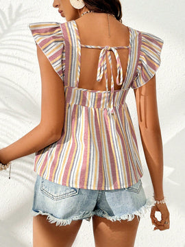 VCAY Blusa De Mujer Con Cuello De Muneca Con Mangas Voladoras, Con Dobladillo Con Volantes Y Rayas Para Vacaciones