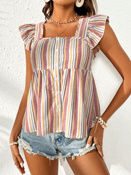 VCAY Blusa De Mujer Con Cuello De Muneca Con Mangas Voladoras, Con Dobladillo Con Volantes Y Rayas Para Vacaciones