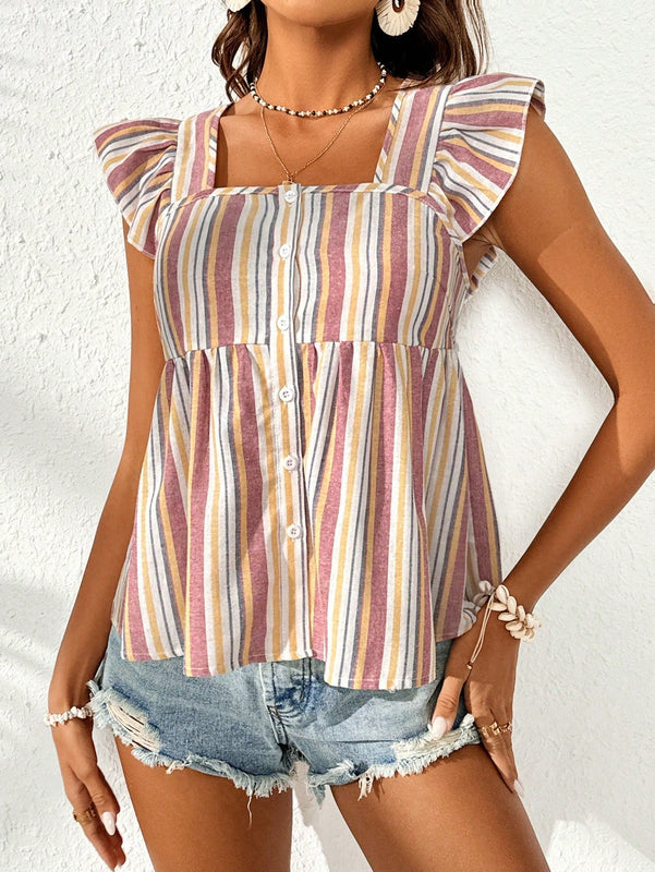 VCAY Blusa De Mujer Con Cuello De Muneca Con Mangas Voladoras, Con Dobladillo Con Volantes Y Rayas Para Vacaciones