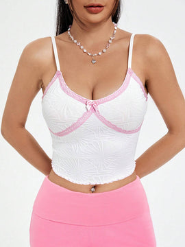 Qutie Top Corto De Tirantes De Encaje Con Contraste De Color Y Tetura, De Estilo Y2k Para Mujer, Para El Verano
