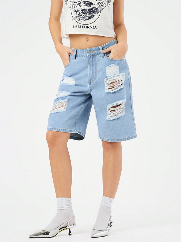 Forever 21 Pantalones Cortos De Mezclilla Desgastados Para Mujer
