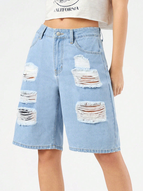 Forever 21 Pantalones Cortos De Mezclilla Desgastados Para Mujer