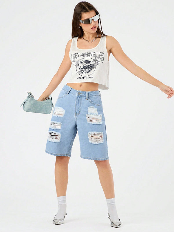 Forever 21 Pantalones Cortos De Mezclilla Desgastados Para Mujer