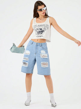 Forever 21 Pantalones Cortos De Mezclilla Desgastados Para Mujer