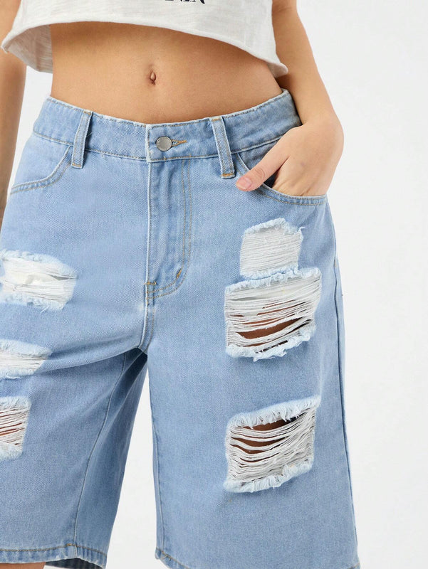 Forever 21 Pantalones Cortos De Mezclilla Desgastados Para Mujer