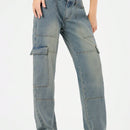 Forever 21 Jeans De Pierna Ancha Para Mujer Inspirados En Cargamento, Con Acabado Desgastado Y Varios Bolsillos De Utilidad