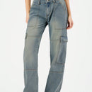 Forever 21 Jeans De Pierna Ancha Para Mujer Inspirados En Cargamento, Con Acabado Desgastado Y Varios Bolsillos De Utilidad