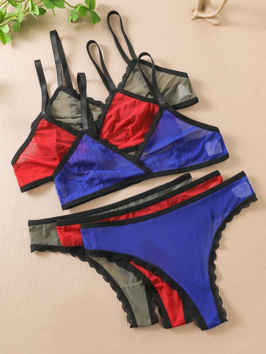 Conjunto De Ropa Interior Con Ribete De Encaje Para Mujer De 6 Piezas/juego