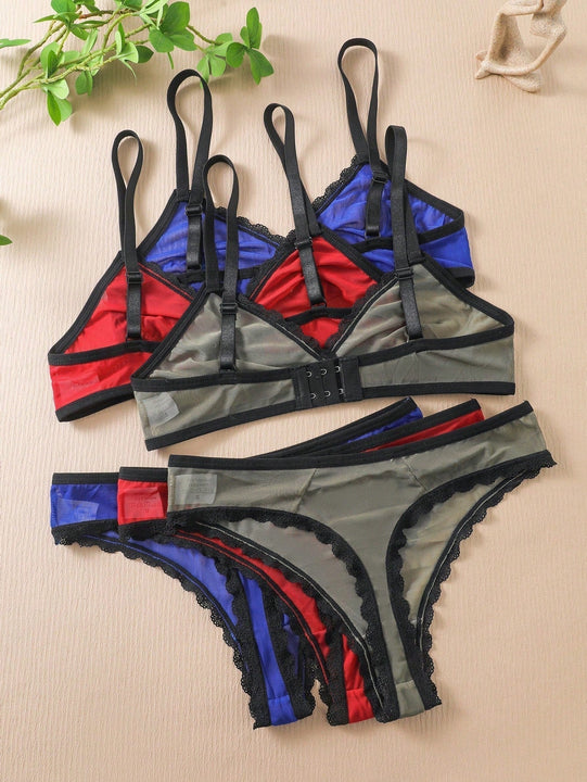 Conjunto De Ropa Interior Con Ribete De Encaje Para Mujer De 6 Piezas/juego