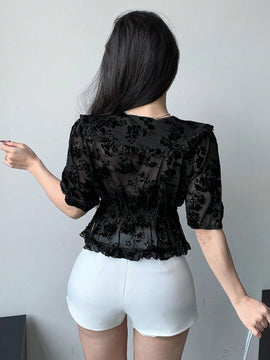 Dazy Designer Camisa De Cintura Ajustada Con Diseno De Muneca Y Cuello De Encaje Floral Transparente Para Mujer