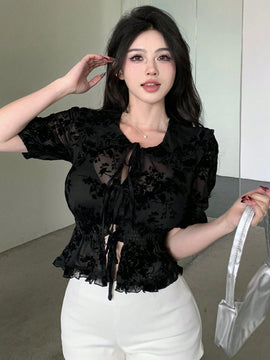 Dazy Designer Camisa De Cintura Ajustada Con Diseno De Muneca Y Cuello De Encaje Floral Transparente Para Mujer