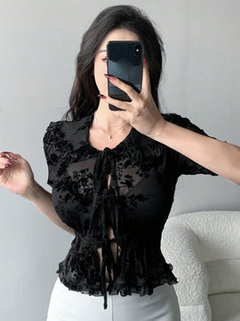 Dazy Designer Camisa De Cintura Ajustada Con Diseno De Muneca Y Cuello De Encaje Floral Transparente Para Mujer
