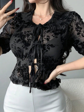 Dazy Designer Camisa De Cintura Ajustada Con Diseno De Muneca Y Cuello De Encaje Floral Transparente Para Mujer