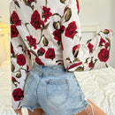 Essnce Camisa De Manga Acampanada Y Estampado Floral Para Mujer Con Lazo Autoajustable