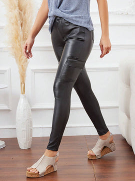 LUNE Pantalones ajustados para mujer con cremallera y bolsillos de piel sintetica de unicolor