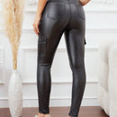 LUNE Pantalones ajustados para mujer con cremallera y bolsillos de piel sintetica de unicolor