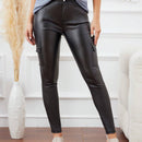 LUNE Pantalones ajustados para mujer con cremallera y bolsillos de piel sintetica de unicolor
